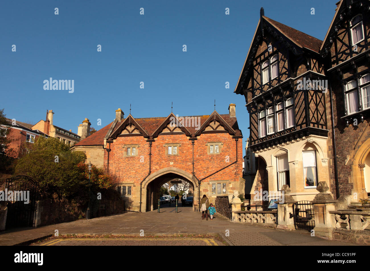 View of the Priory Gate and Abbey Hotel, Great Malvern, Worcestershire UK Stock Photo