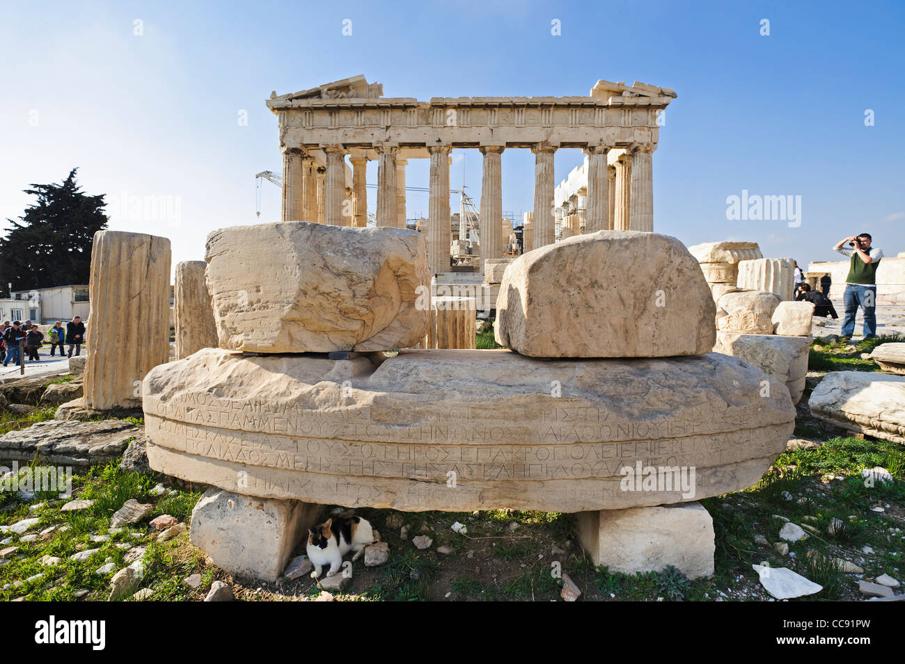 Remains of the Temple of Roma and Augustus in front of the Parthenon, Acropolis, Athens, Greece, Europe Stock Photo