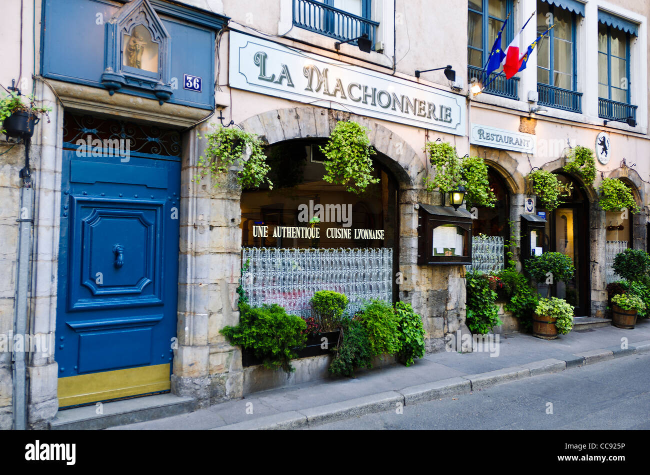 La Machonnerie Restaurant in old town Vieux Lyon, France (UNESCO World Heritage Site) Stock Photo