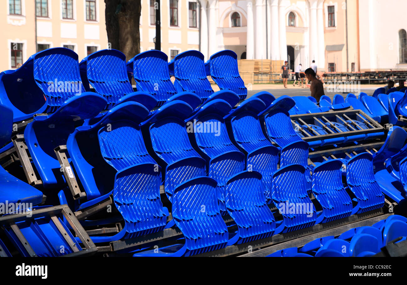 blue easy chairs on stadium Stock Photo