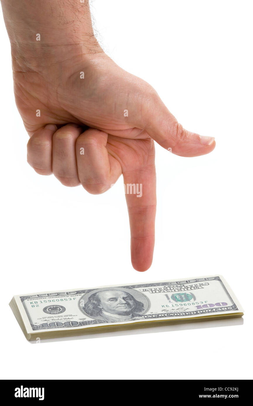 hand points at american money Stock Photo Alamy