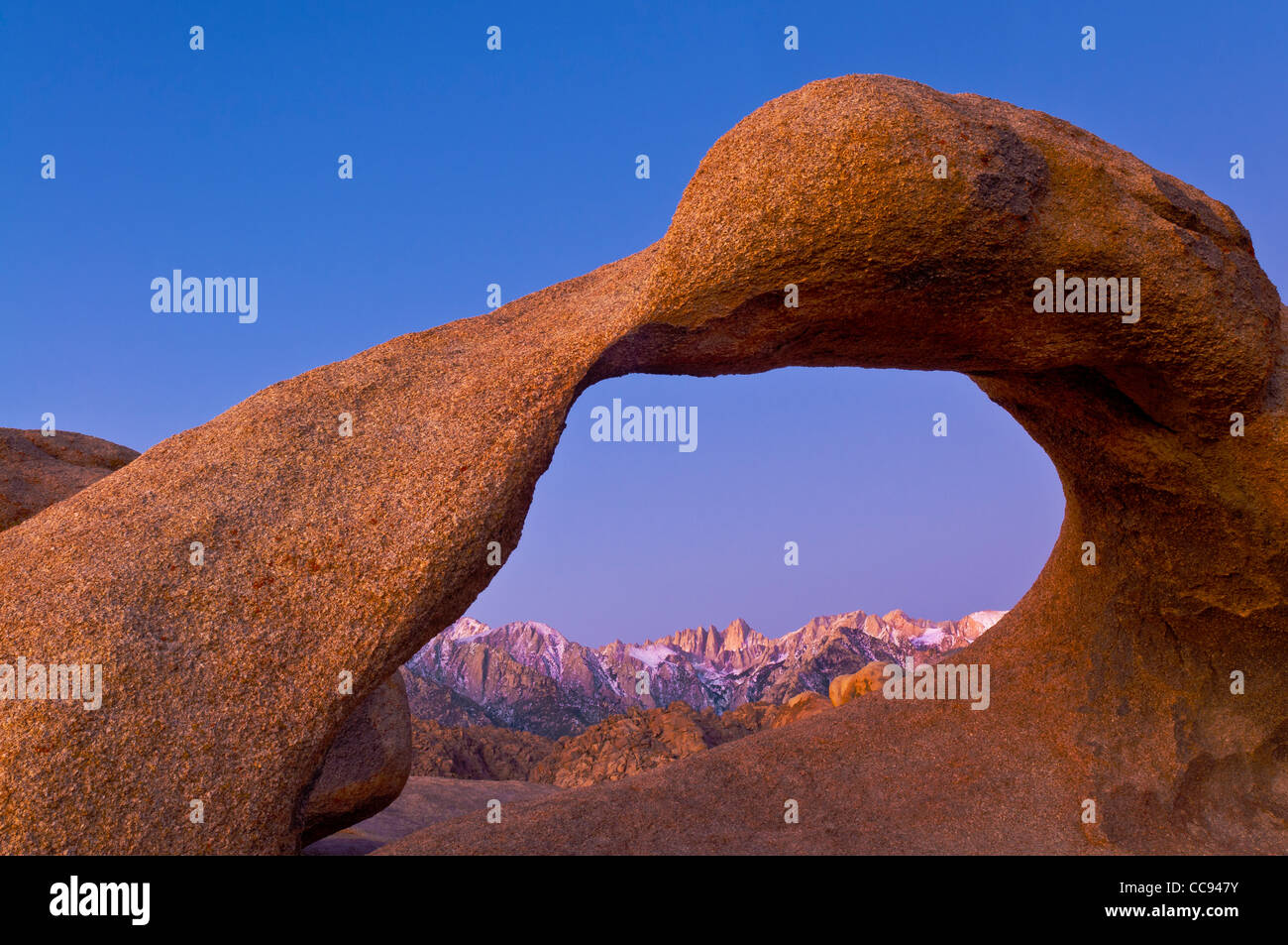 Mount Whitney through Mobius Arch, Alabama Hills, Eastern Sierra Nevada Mountains, California. Stock Photo