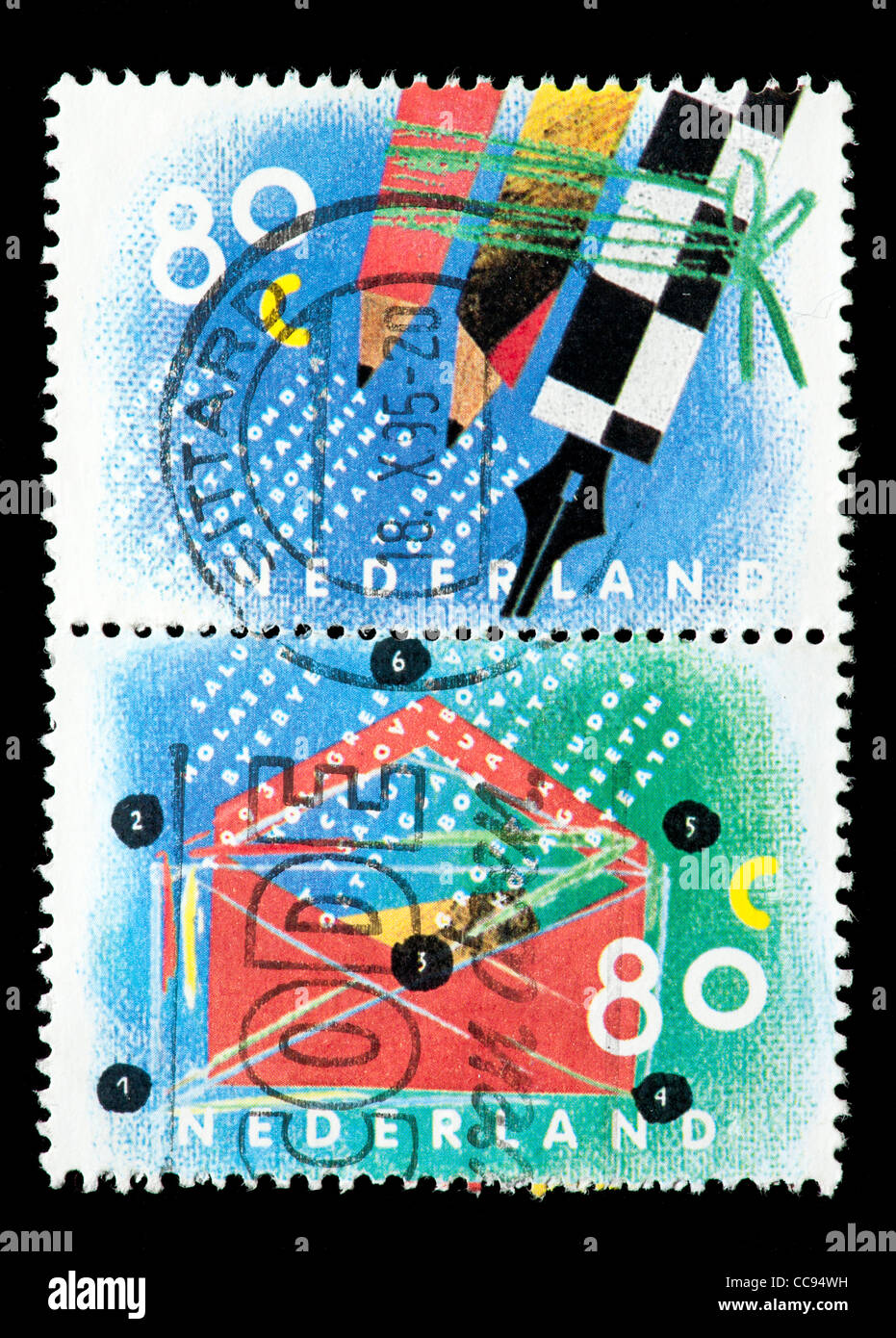 Postage stamps from the Netherlands depicting pens, pencils and