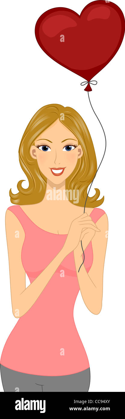 Illustration of a Girl Holding a Heart-shaped Balloon Stock Photo - Alamy