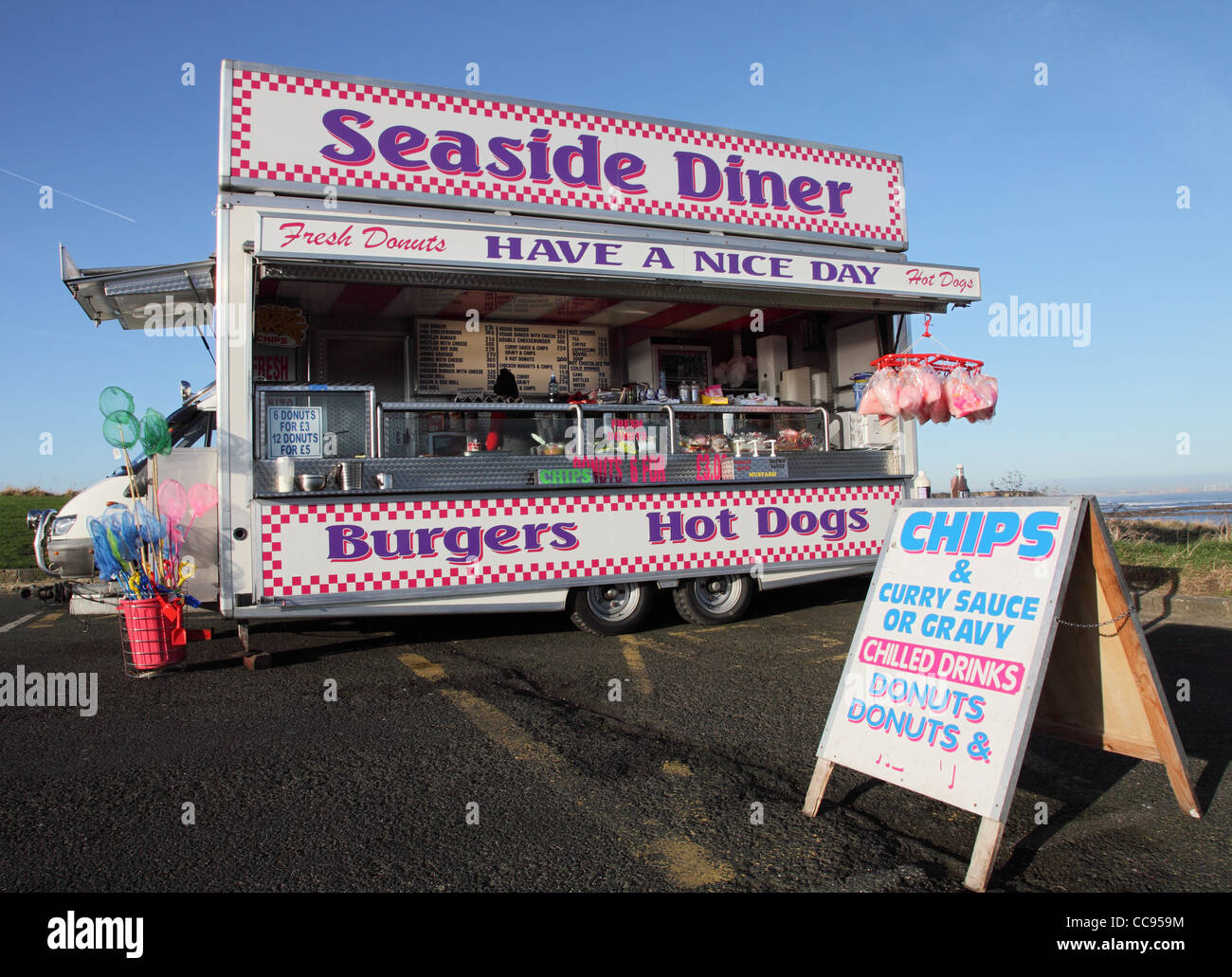 Seaside Diner parked adjacent to St Mary's Island, north east England, UK Stock Photo