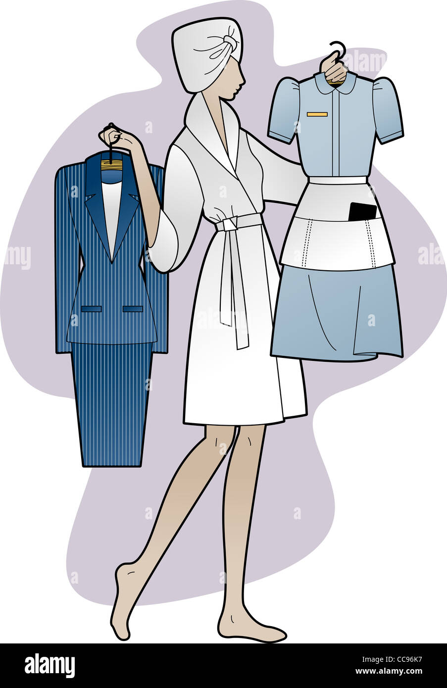 https://c8.alamy.com/comp/CC96K7/a-woman-holding-a-business-suit-and-a-maids-outfit-CC96K7.jpg