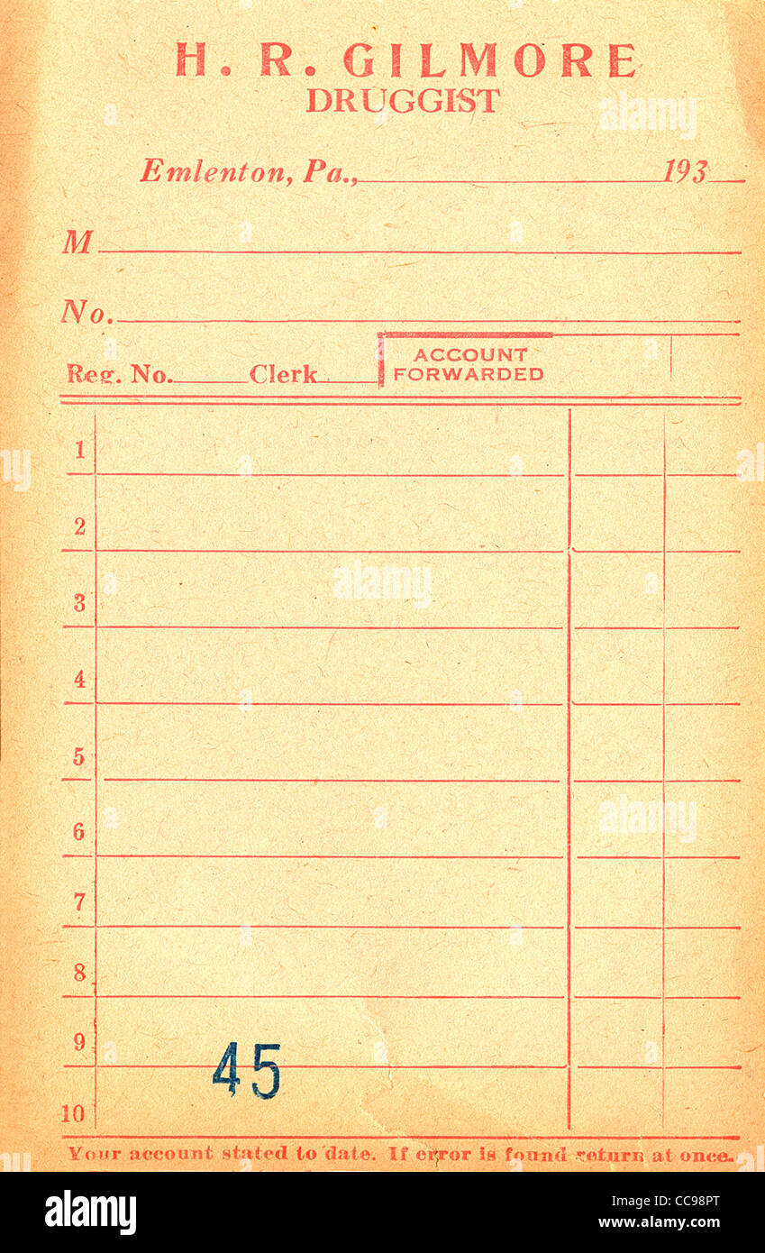 Vintage Pharmacy receipt Stock Photo