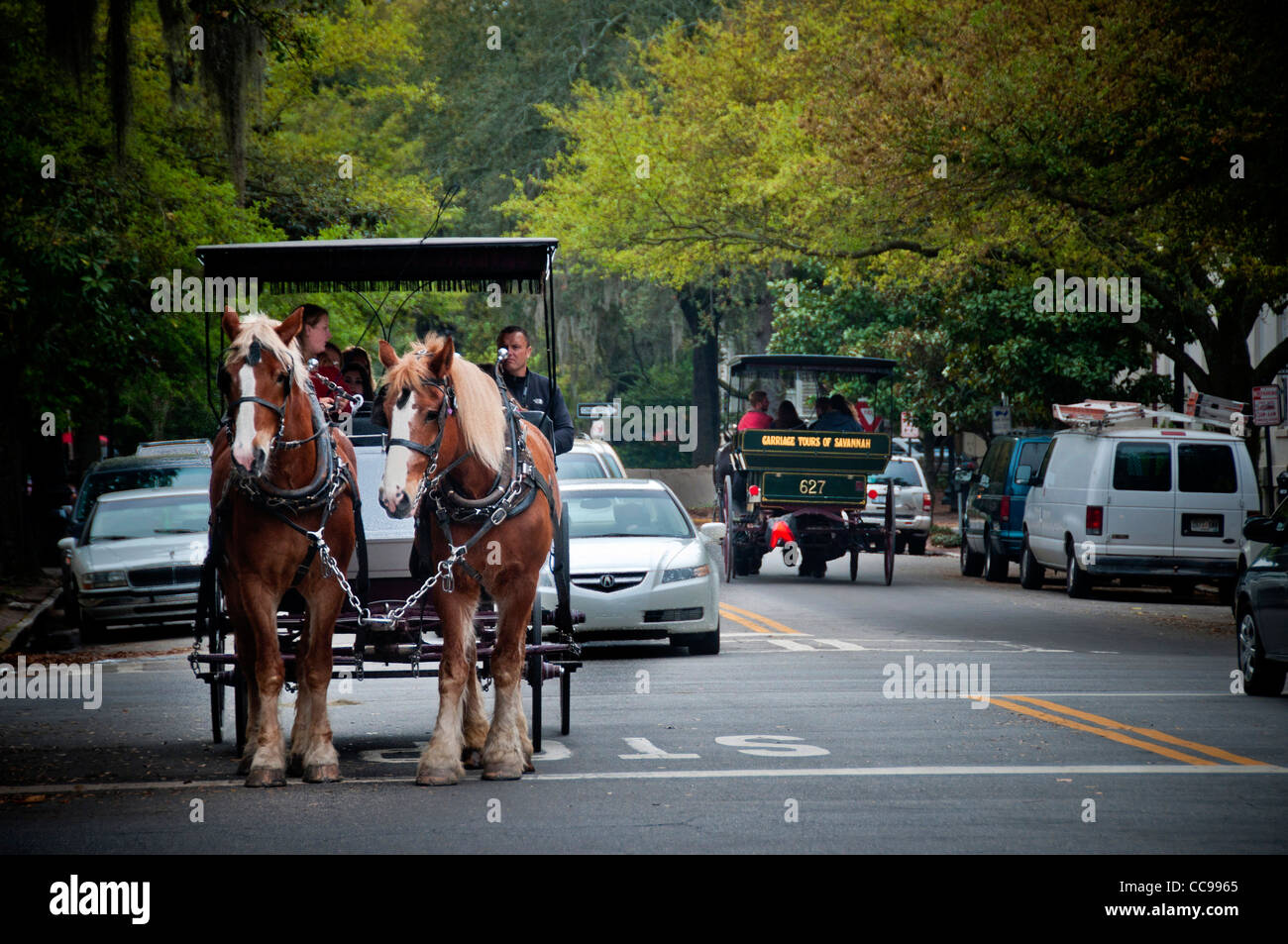 Tourists being shown around The Historic District in Savannah Georgia USA from a horse-drawn carriage Stock Photo