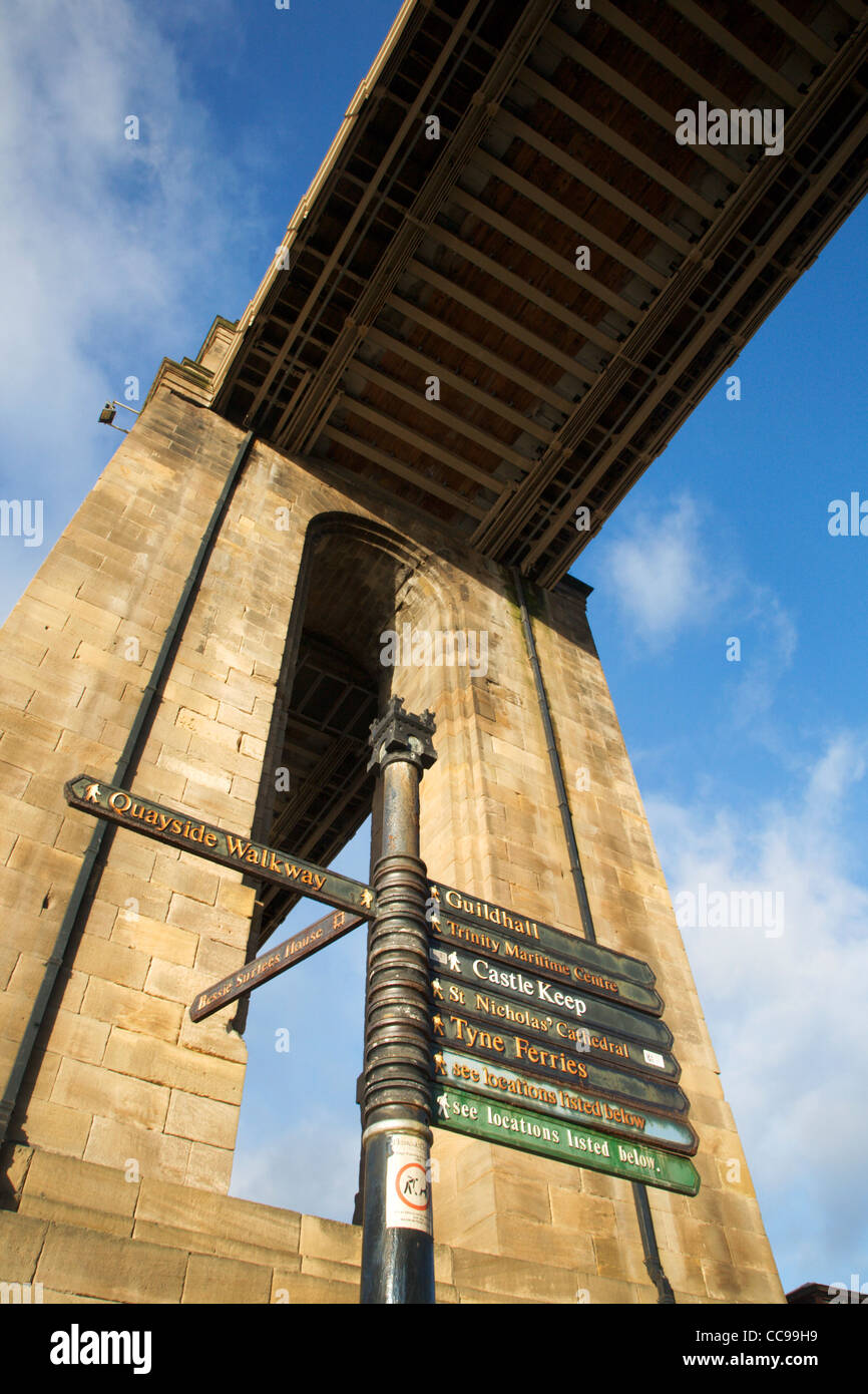 Tourist Signpost under the High Level Bridge Newcastle upon Tyne England Stock Photo