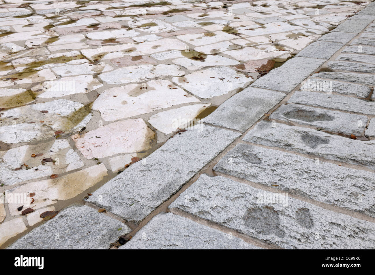 Paving Stones in Dry Riverbed, Saalach, Bad Reichenhall, Bavaria, Germany Stock Photo
