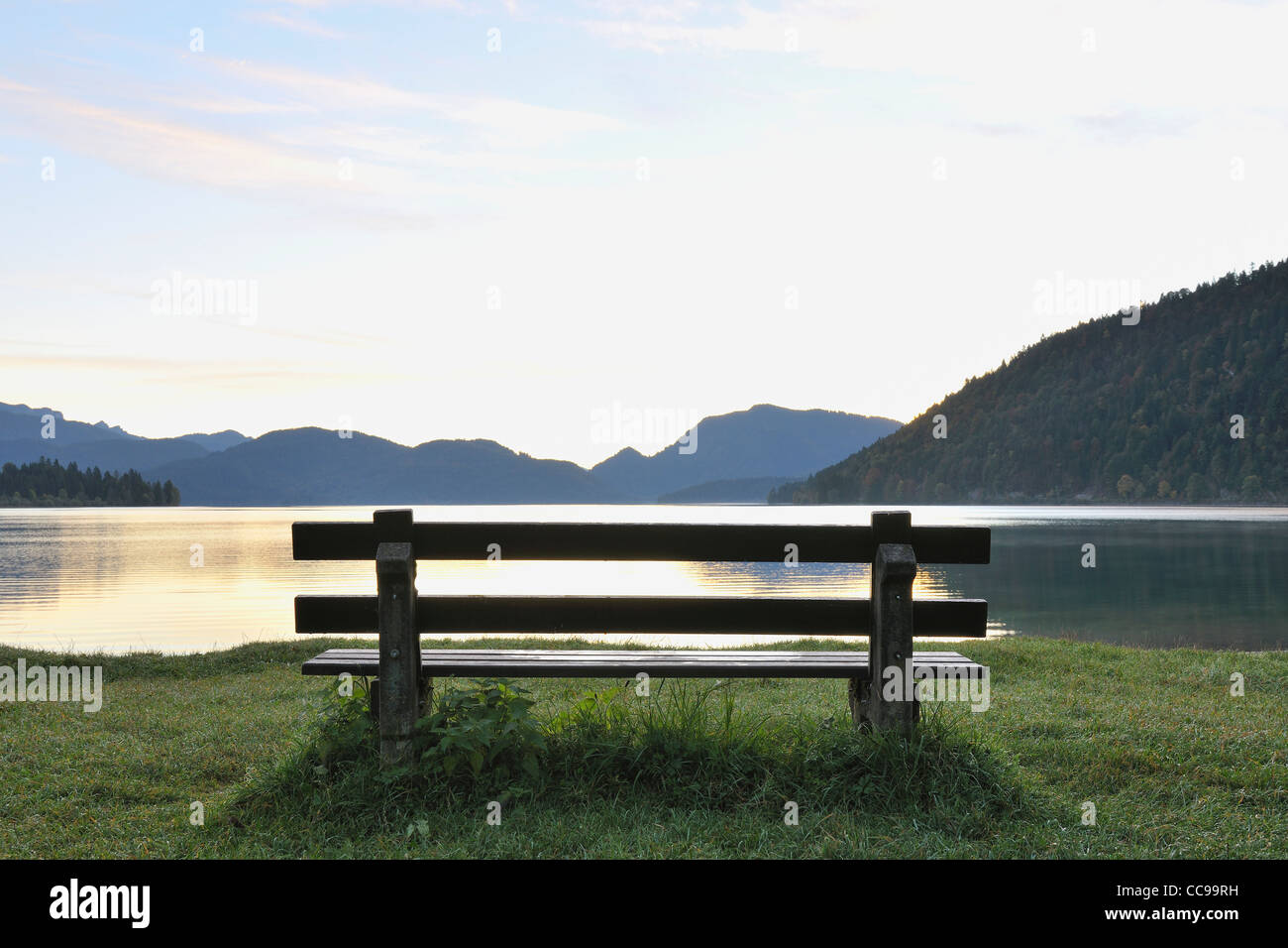 Bench by Lake, Einsiedeln, Walchensee, Bavaria, Germany Stock Photo