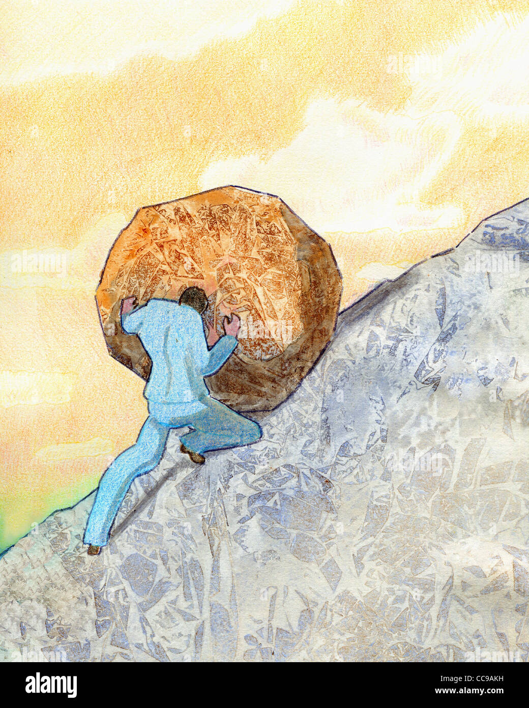 A businessman pushing a big rock up a hill Stock Photo - Alamy