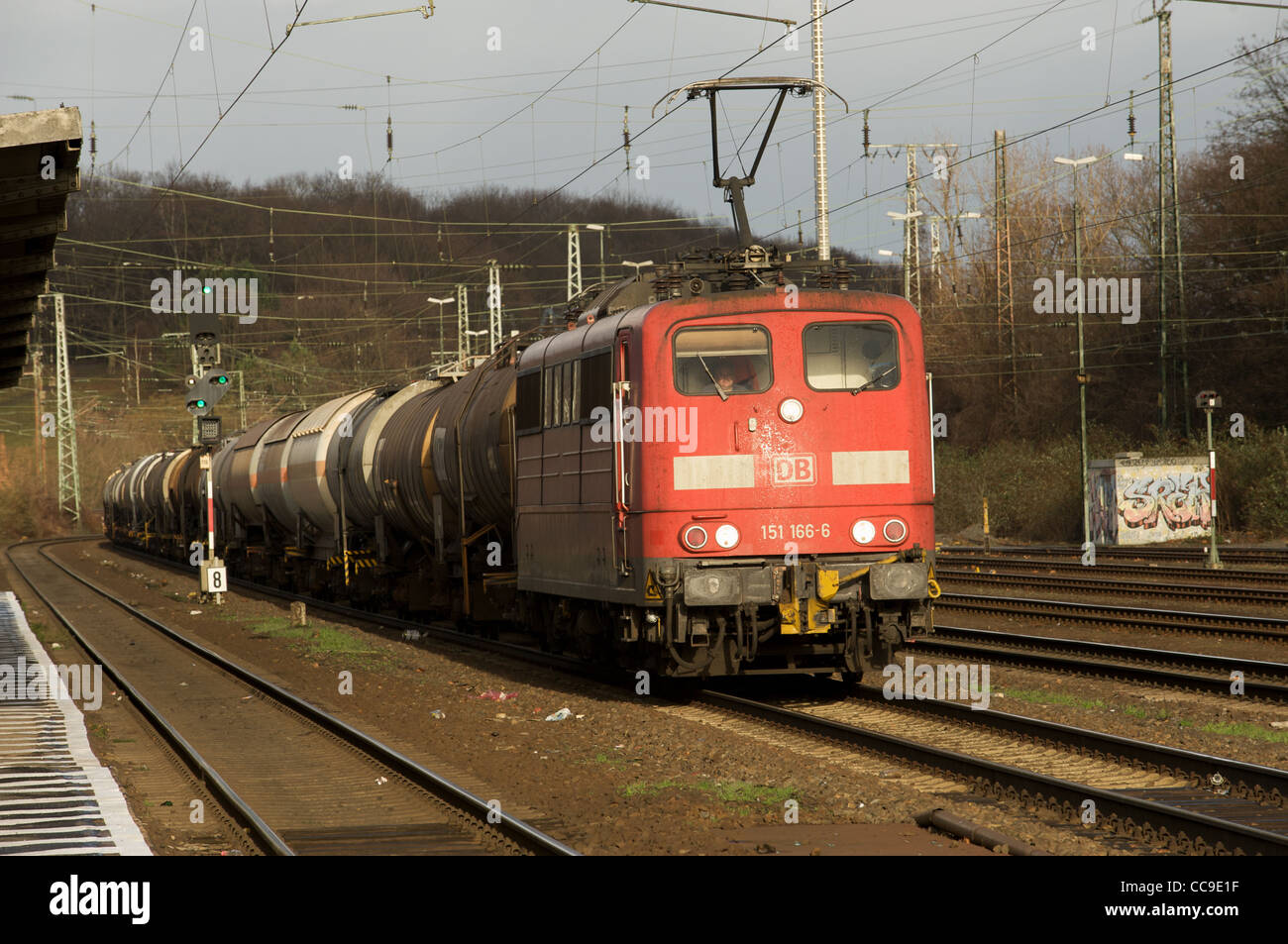German Railways freight train hauling fuel tankers, Germany. Stock Photo