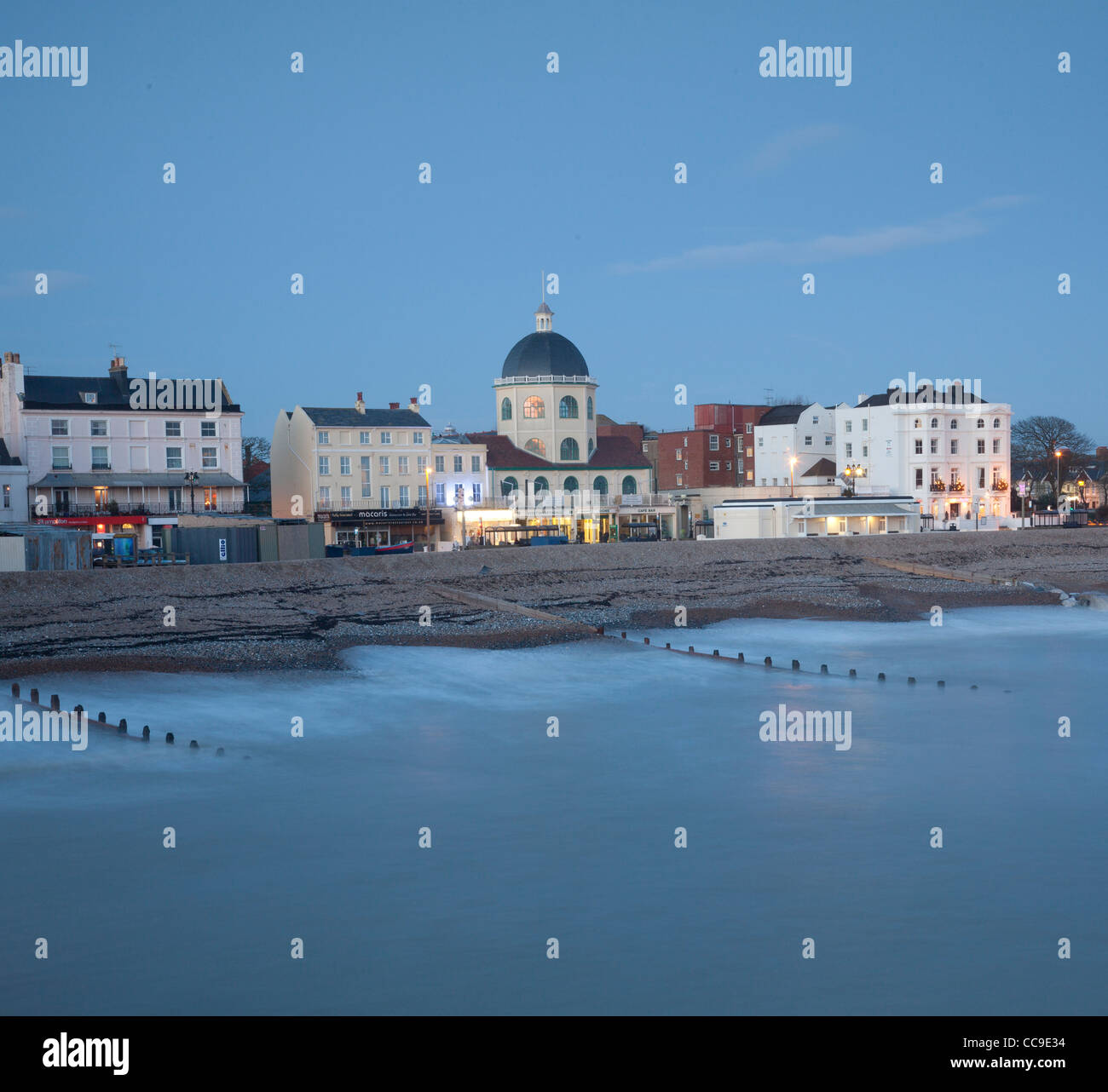 Evening view of Worthing seafront, West Sussex, as seen from pier Stock Photo