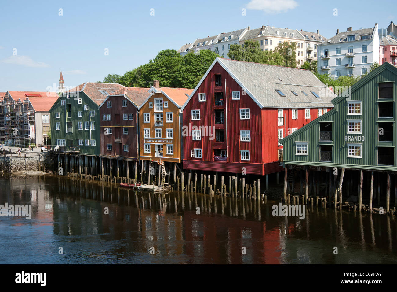 Wooden  buildings  the river Nidelva  Trondheim Norway Stock Photo