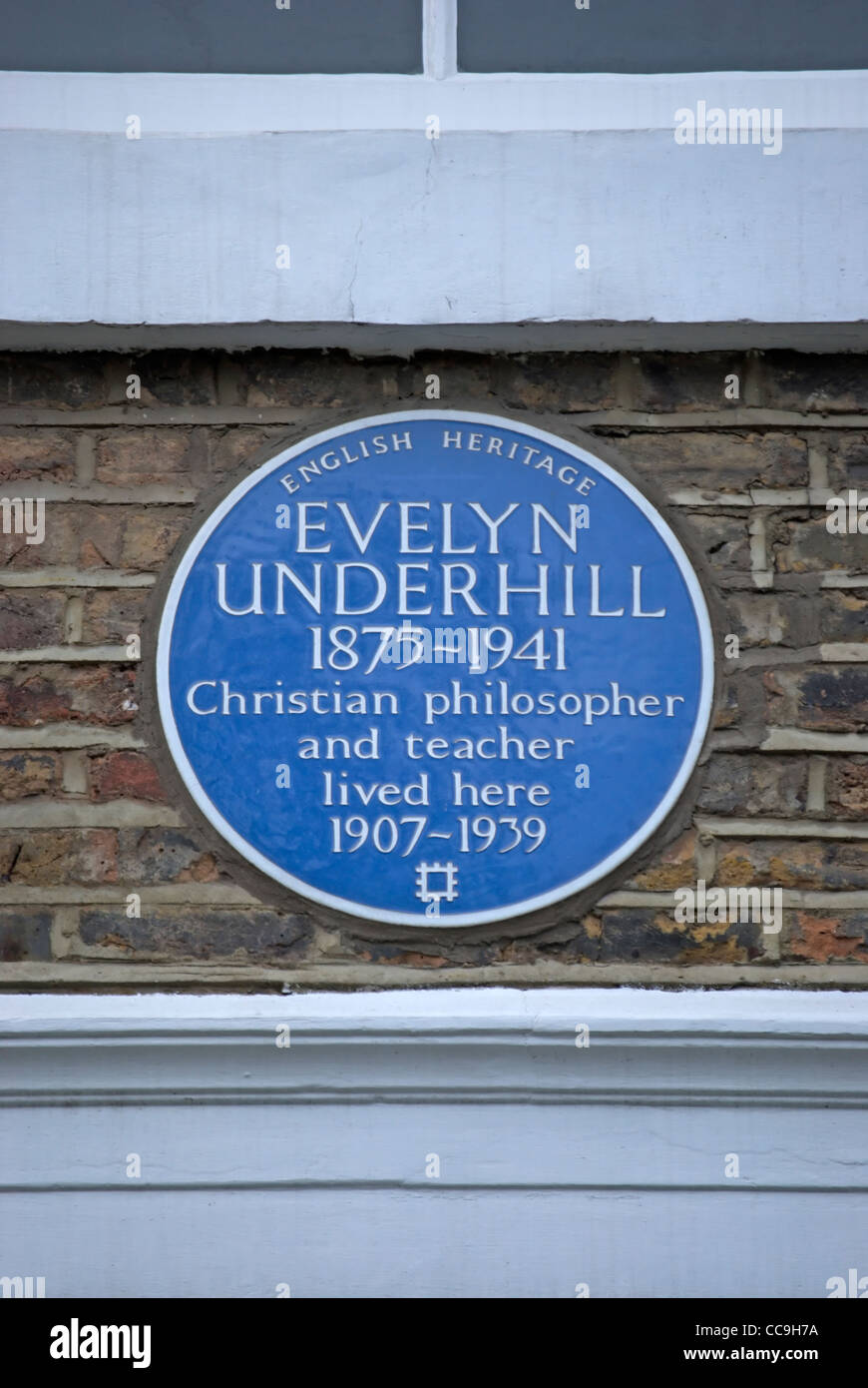 english heritage blue plaque marking a home of christian philosopher and teacher, evelyn underhill, london, england Stock Photo