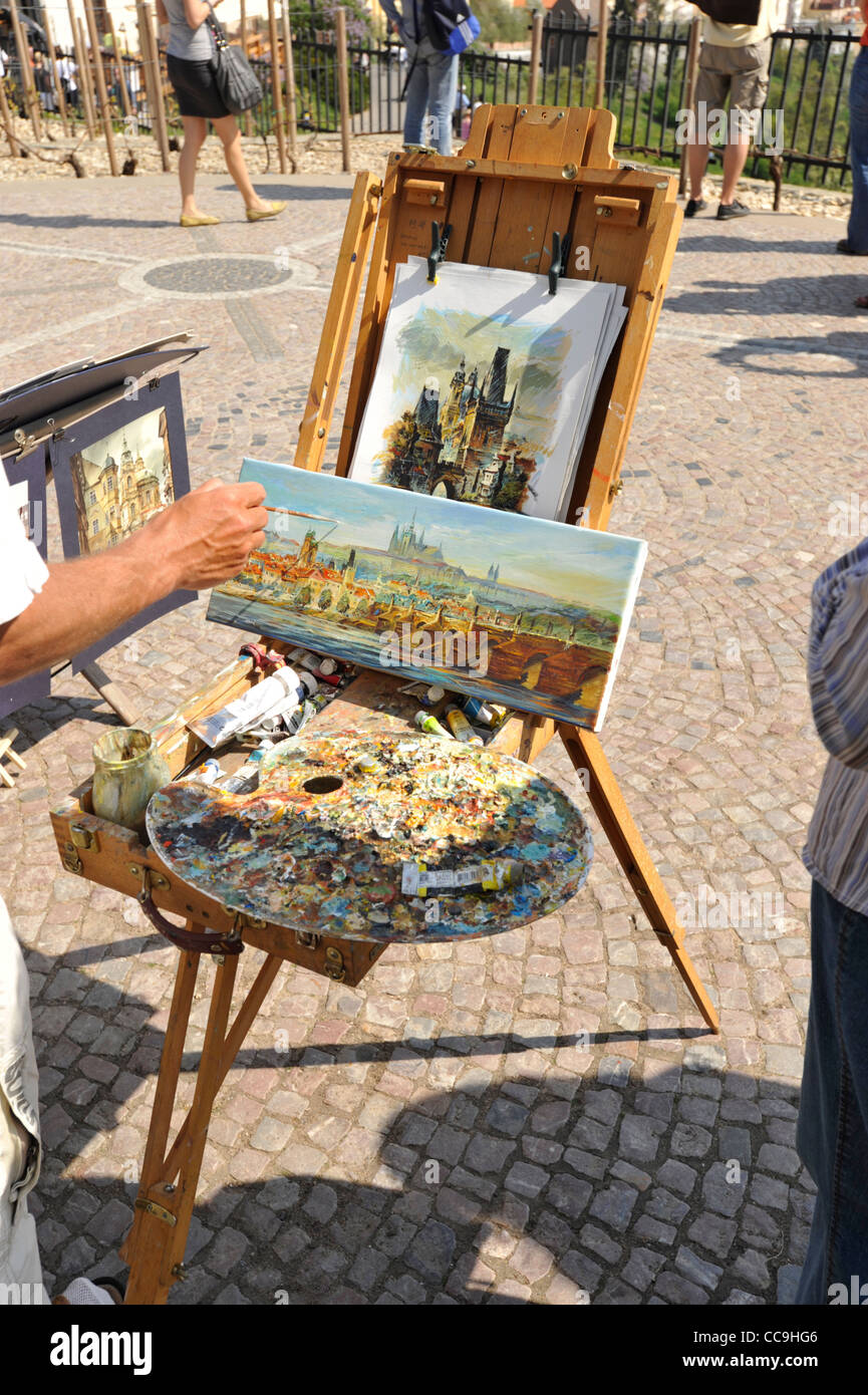 Street artist painting tourist paintings at Prague Castle Prague Czech Republic Stock Photo