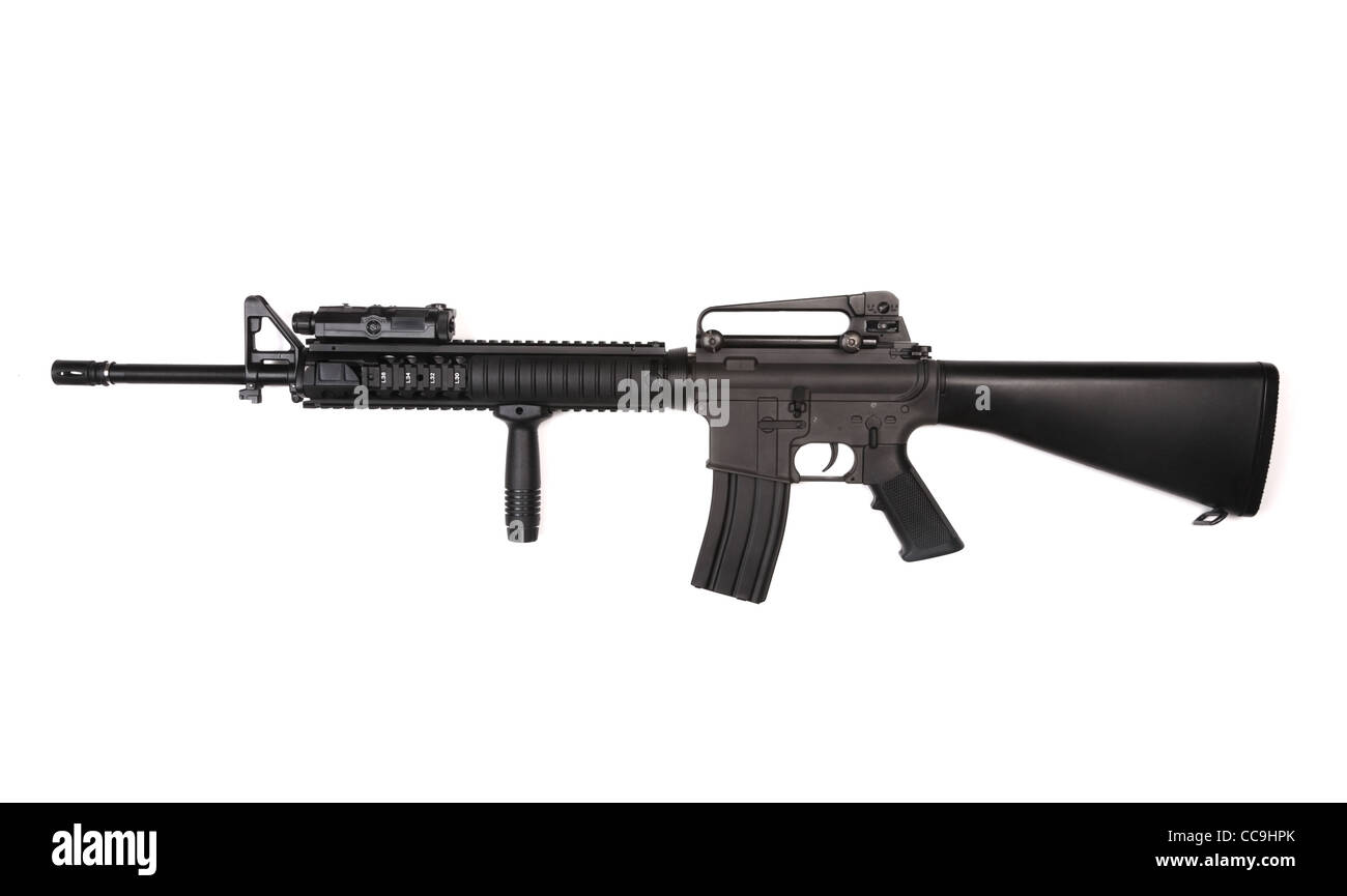 M16A4 RIS assault rifle with ANPEQ and tactical grip. Isolated on a white background. Studio shot. Stock Photo