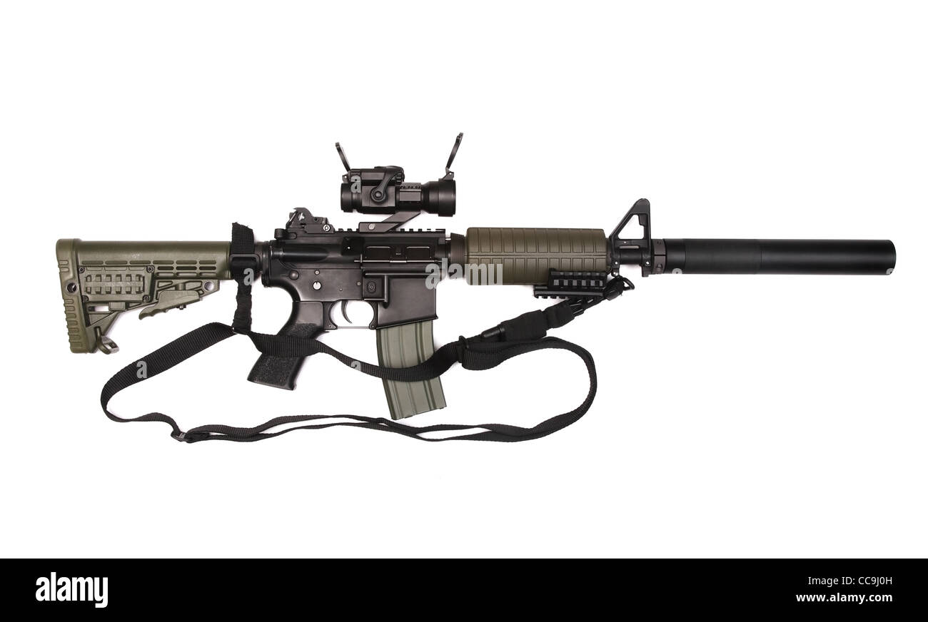 AR15 custom carbine with the red-dot sight, silincer and 3-point sling. Isolated on a white background. Stock Photo
