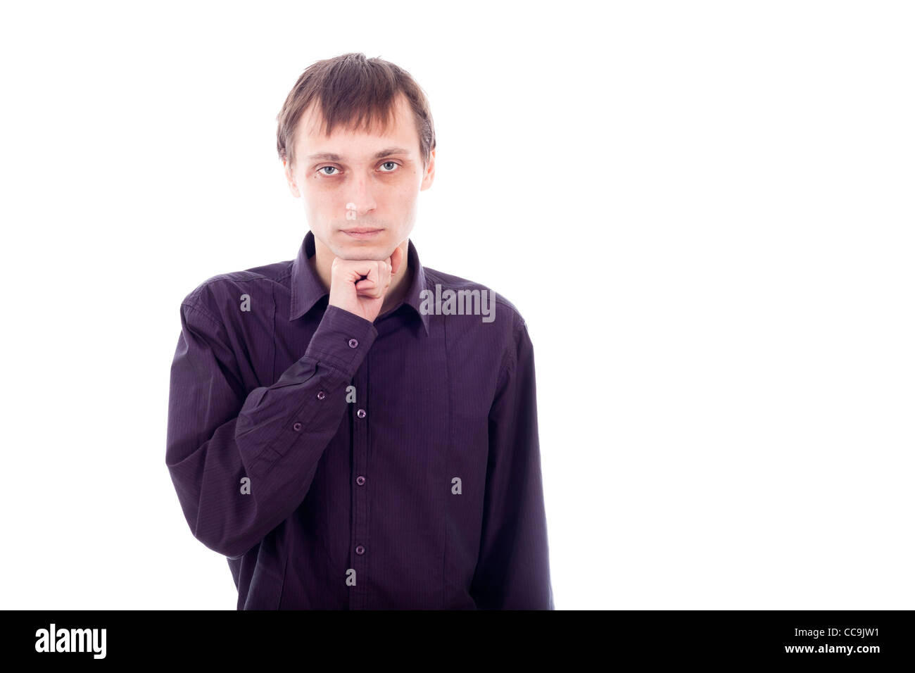 Portrait of weirdo man thinking, isolated on white background. Stock Photo