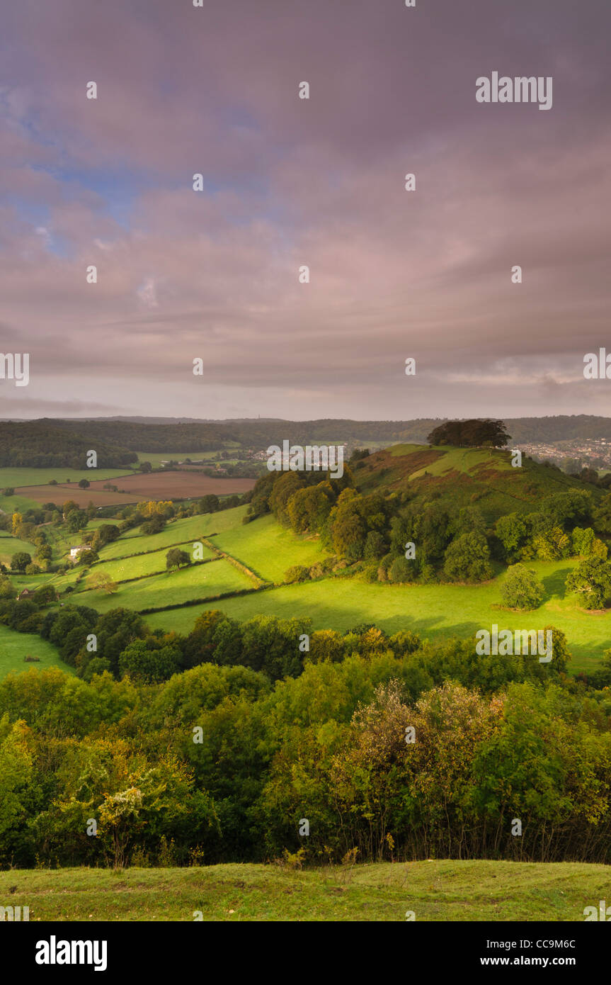 Downham Hill seen from Uley Bury in Uley, Gloucestershire, Cotswolds, UK Stock Photo