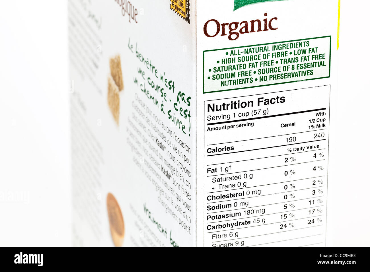 Organic cereal box, nutrition label, close up. Stock Photo