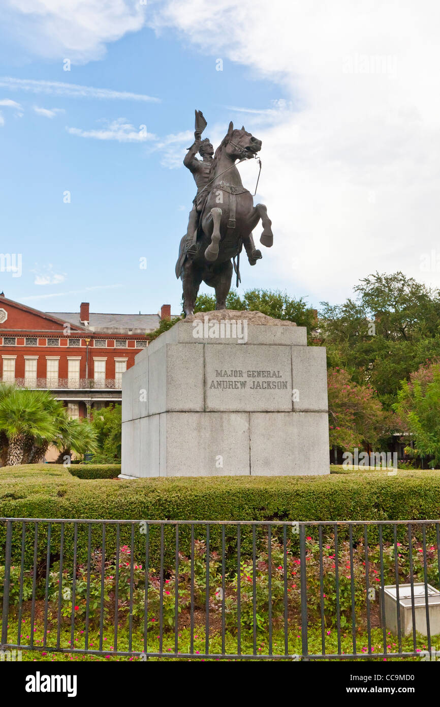 Statue of Major General Andrew Jackson on his horse in Jackson Square in the French Quarter of New Orleans, LA Stock Photo