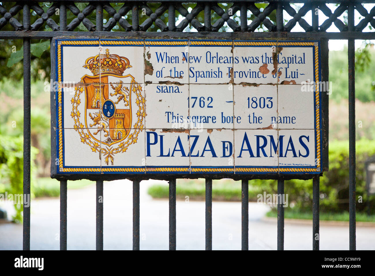 Plaque on wrought iron fence around Jackson Square in the French Quarter of New Orleans, LA Stock Photo