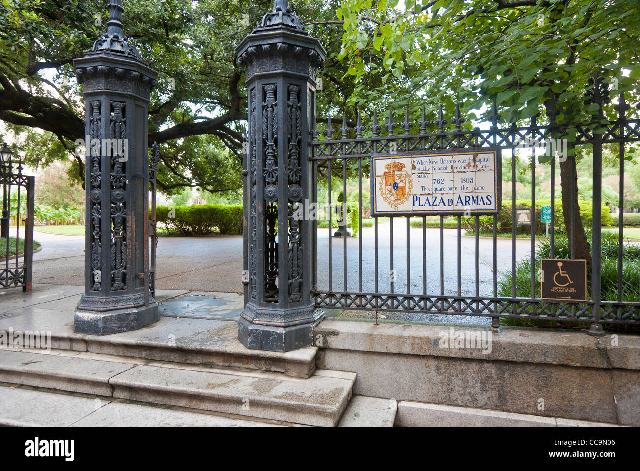 Wrought iron entrance to Jackson Square in the French Quarter of New Orleans, LA Stock Photo