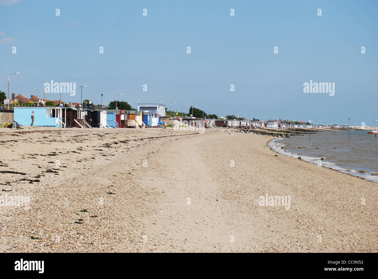Beach Huts on the Beach at Thorpe Bay, Southend-on-Sea, Essex, England, UK Stock Photo