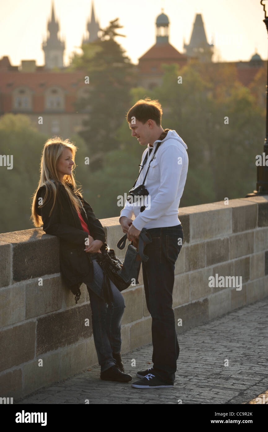 Young couple on Charles Bridge, Prague, Stock Photo