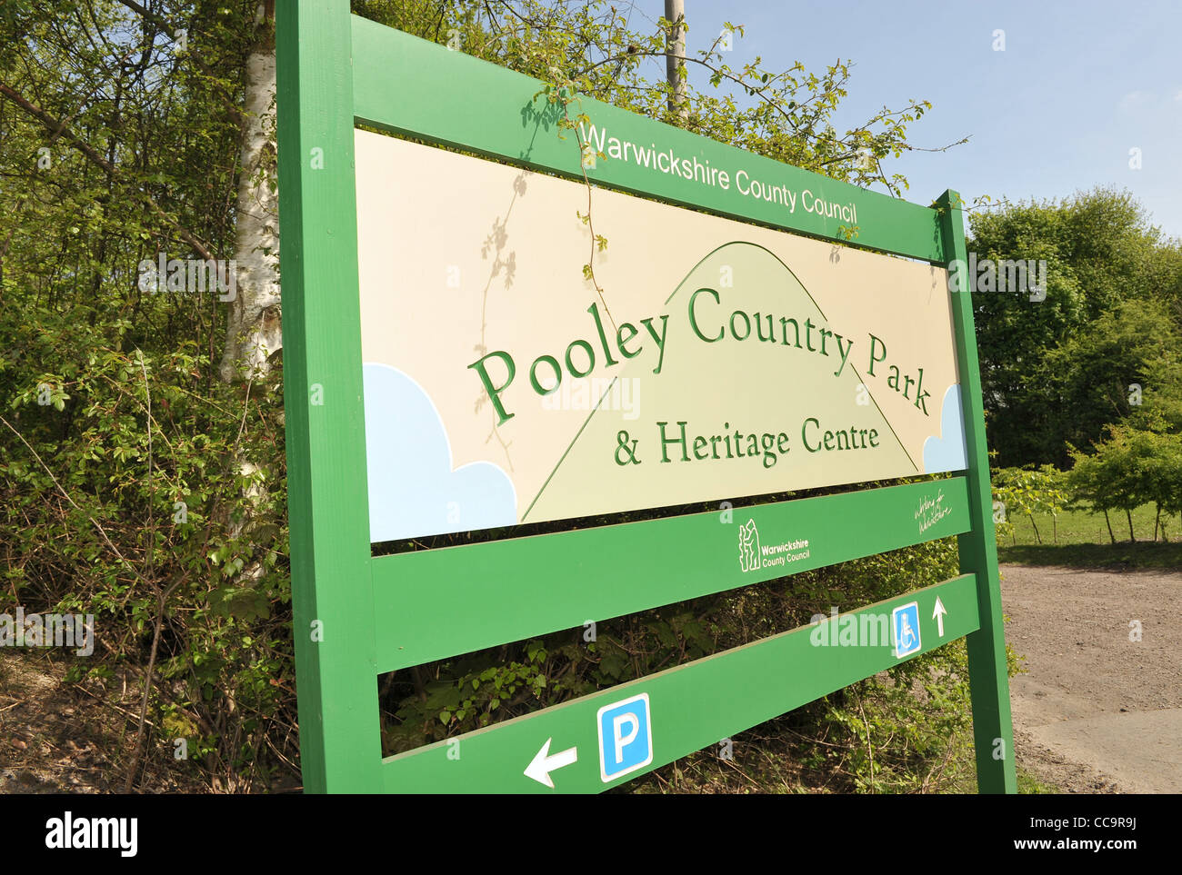 Entrance sign to Pooley Country Park in North Warwickshire, England Stock Photo