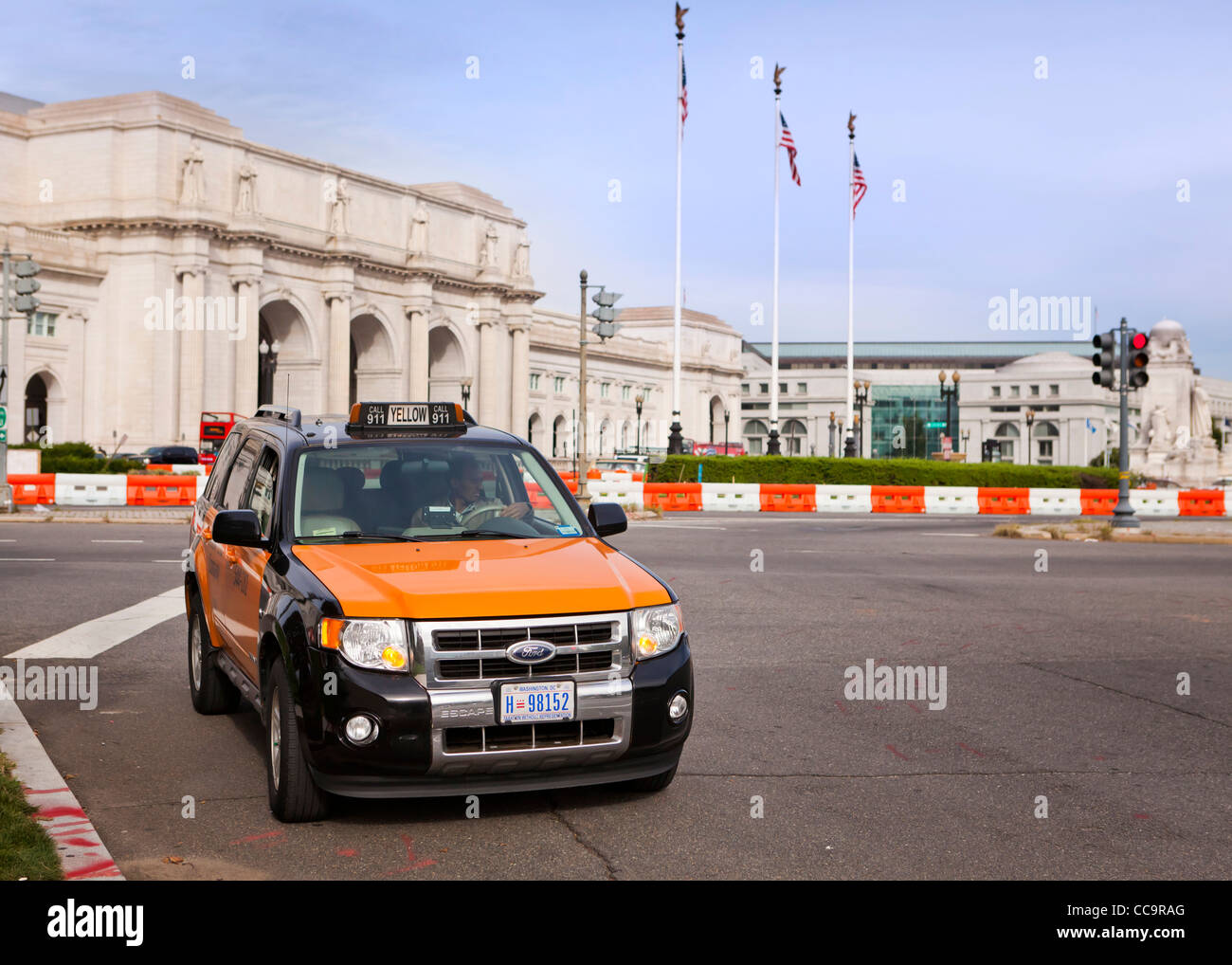 A taxi waiting for riders in front of Union Square, Washington DC Stock