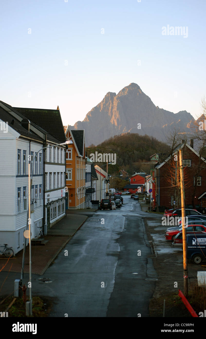 street with houses and mountain in Kabelvåg, Lofoten, Norway Stock Photo