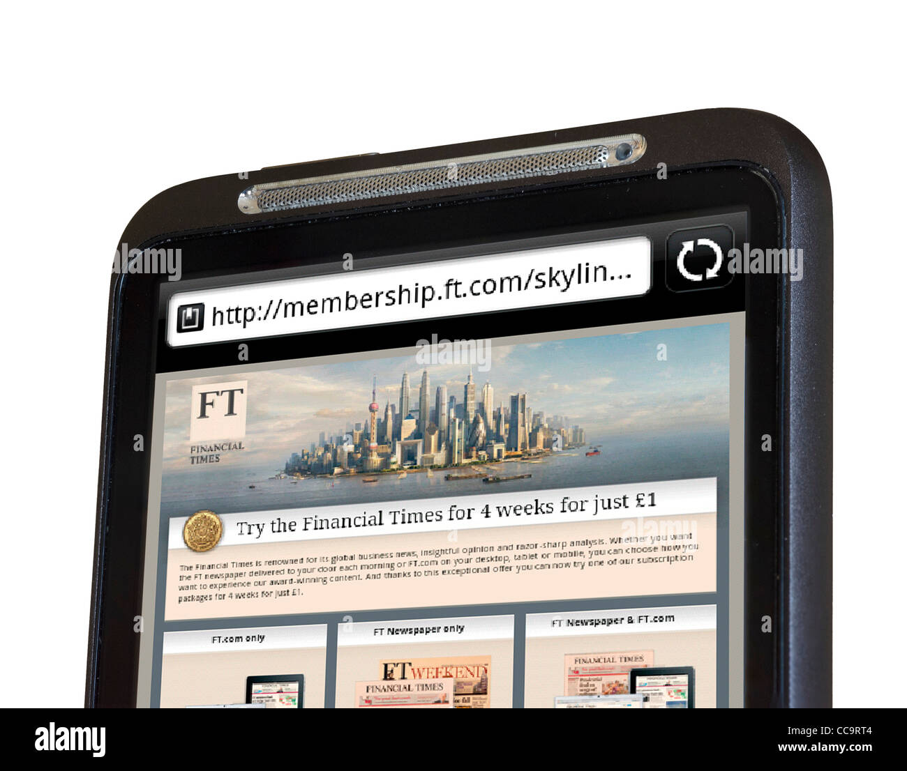 The subscription page to the Financial Times on an HTC smartphone Stock Photo