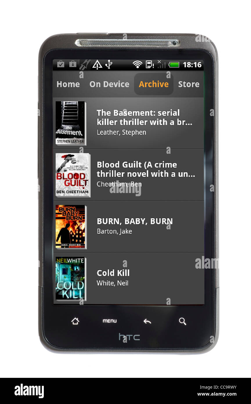 Looking at one's library on the Kindle app on an android HTC smartphone Stock Photo