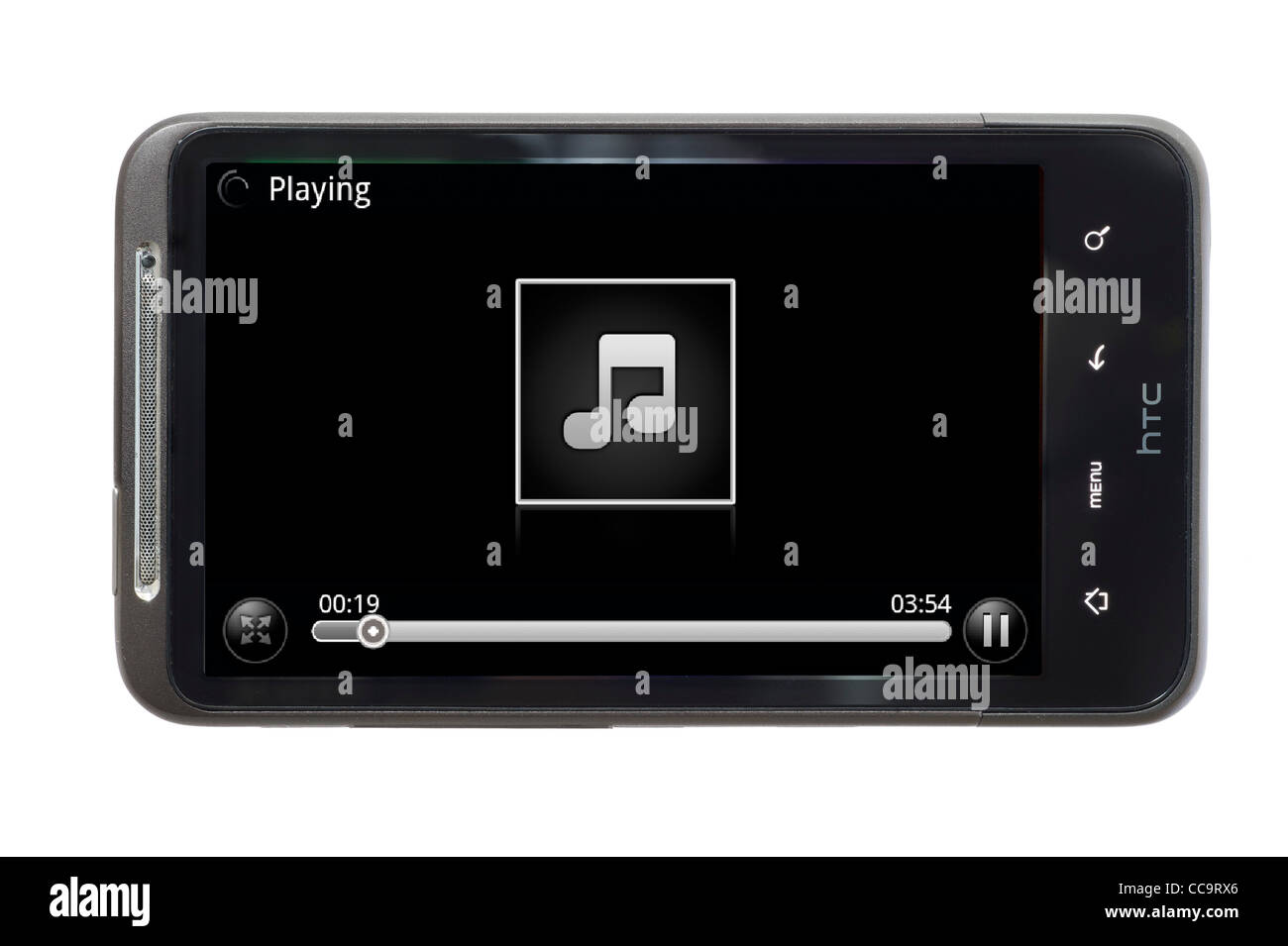 Playing an MP3 music track on an android HTC smartphone Stock Photo