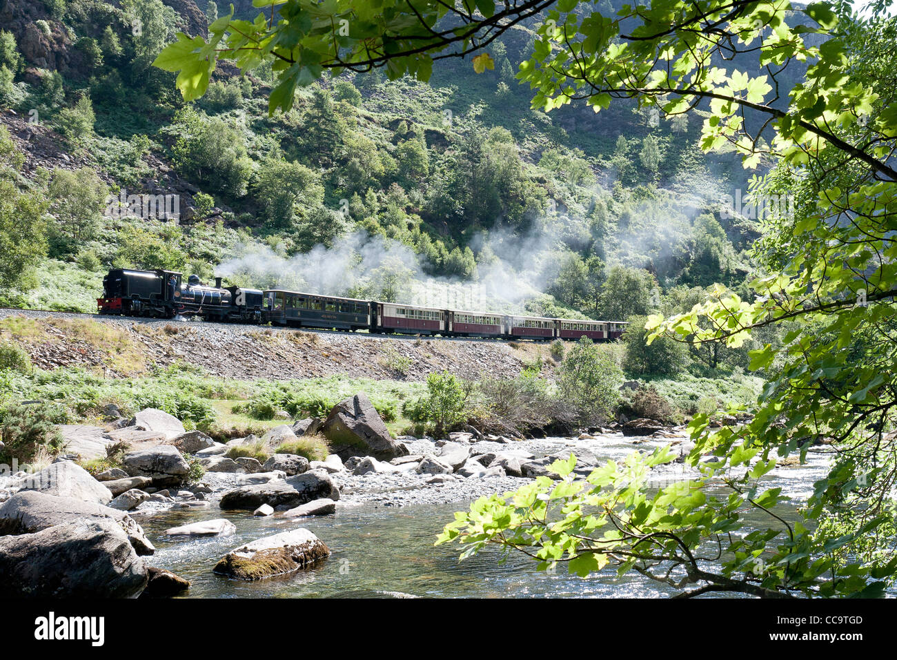 A steam locomotive pulling a passenger train on the Welsh Highland Line making its way to Beddgelert Stock Photo