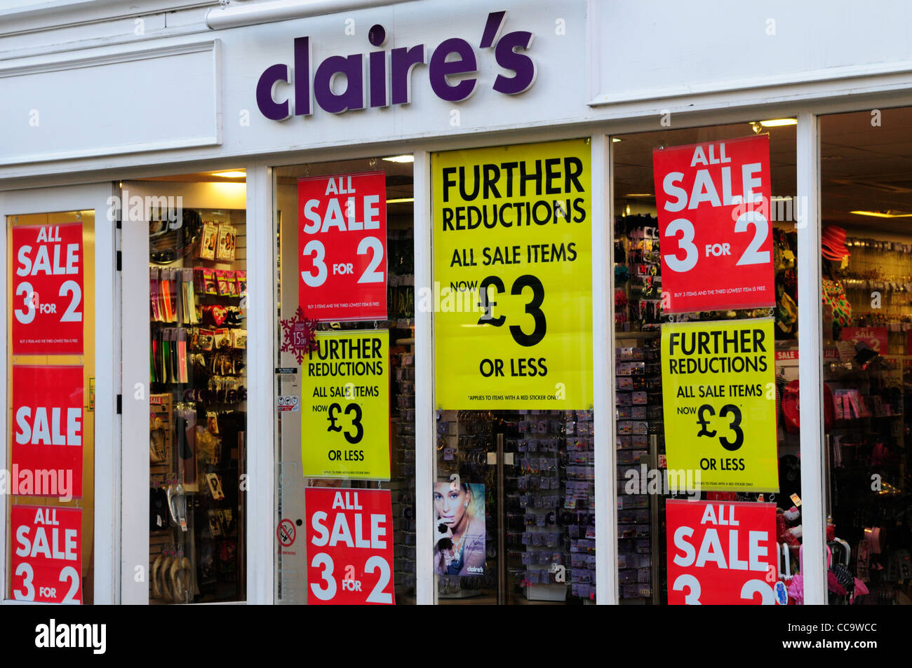Claire's Accessories Shop with Sale Notices, Cambridge, England, UK Stock Photo
