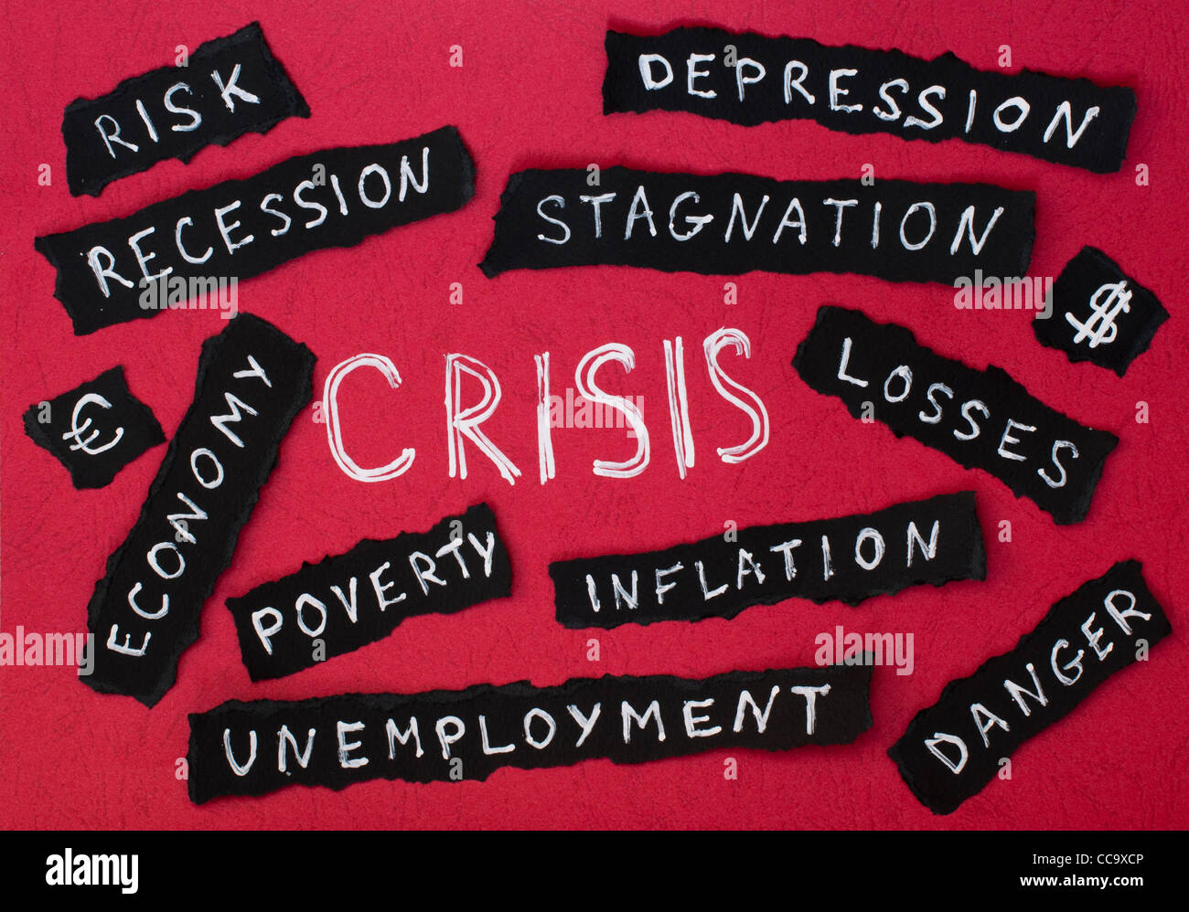 Crisis concept white text on red background. White texts on black
