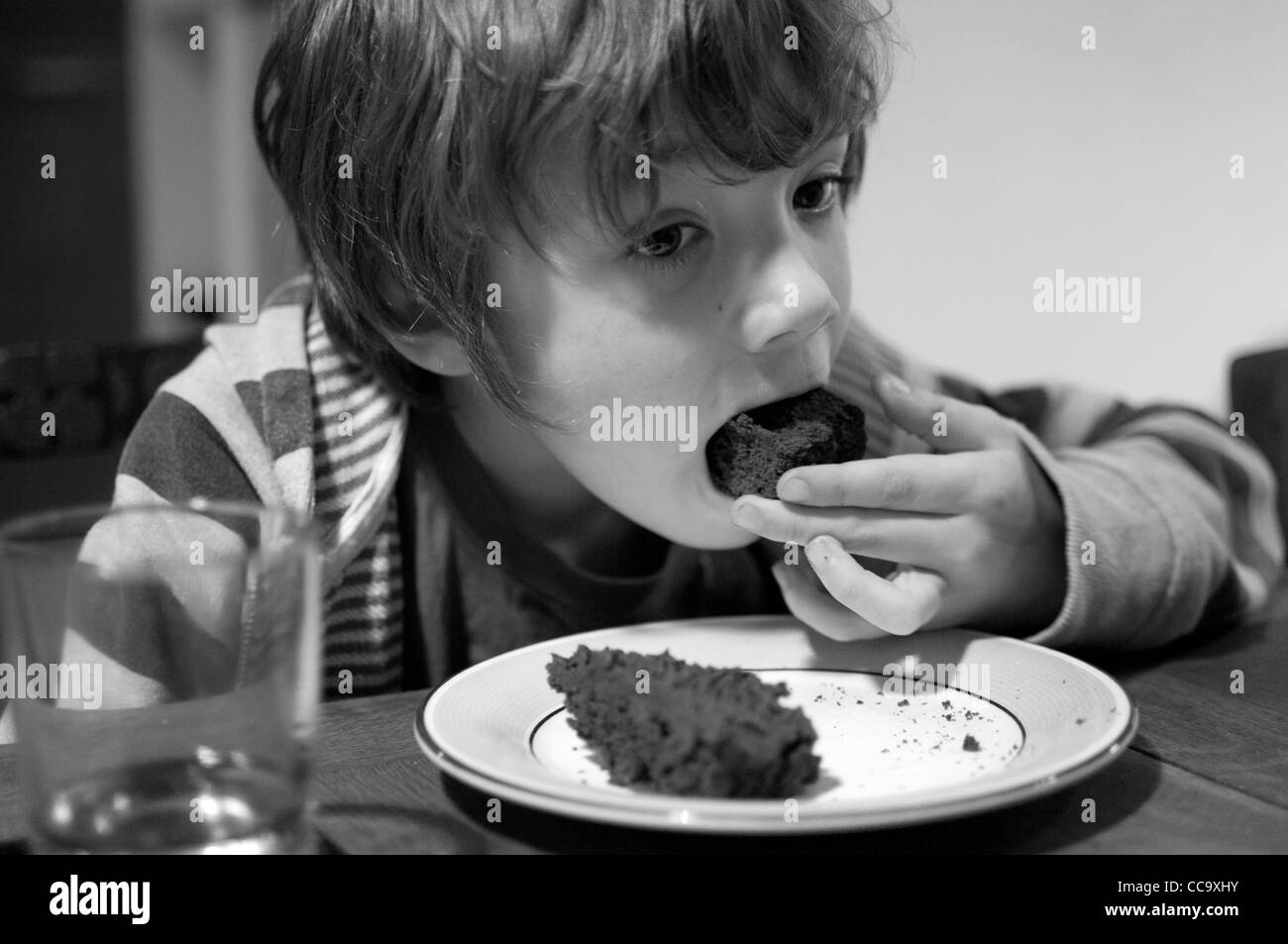 Young happy boy sitting at the table eating a piece of chocolate sponge cake Stock Photo
