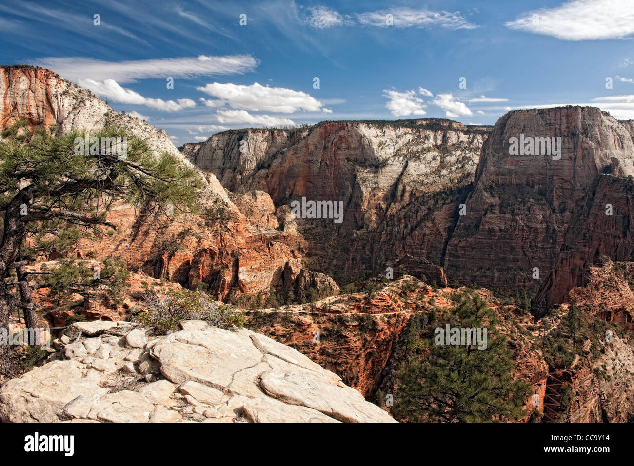 A spectacular view from above Scout Landing of  Angels Landing and the Great White Throne monolith in Utah's Zion National Park. Stock Photo