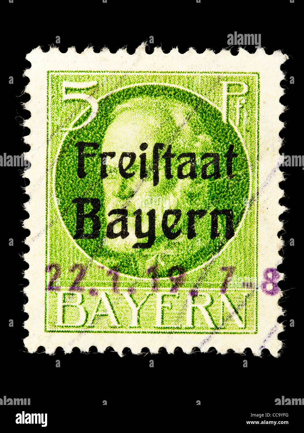 Postage stamp: Freistaat Bayern (Bavaria), King Ludwig III., 1919, 5 Pfennig, stamped Stock Photo