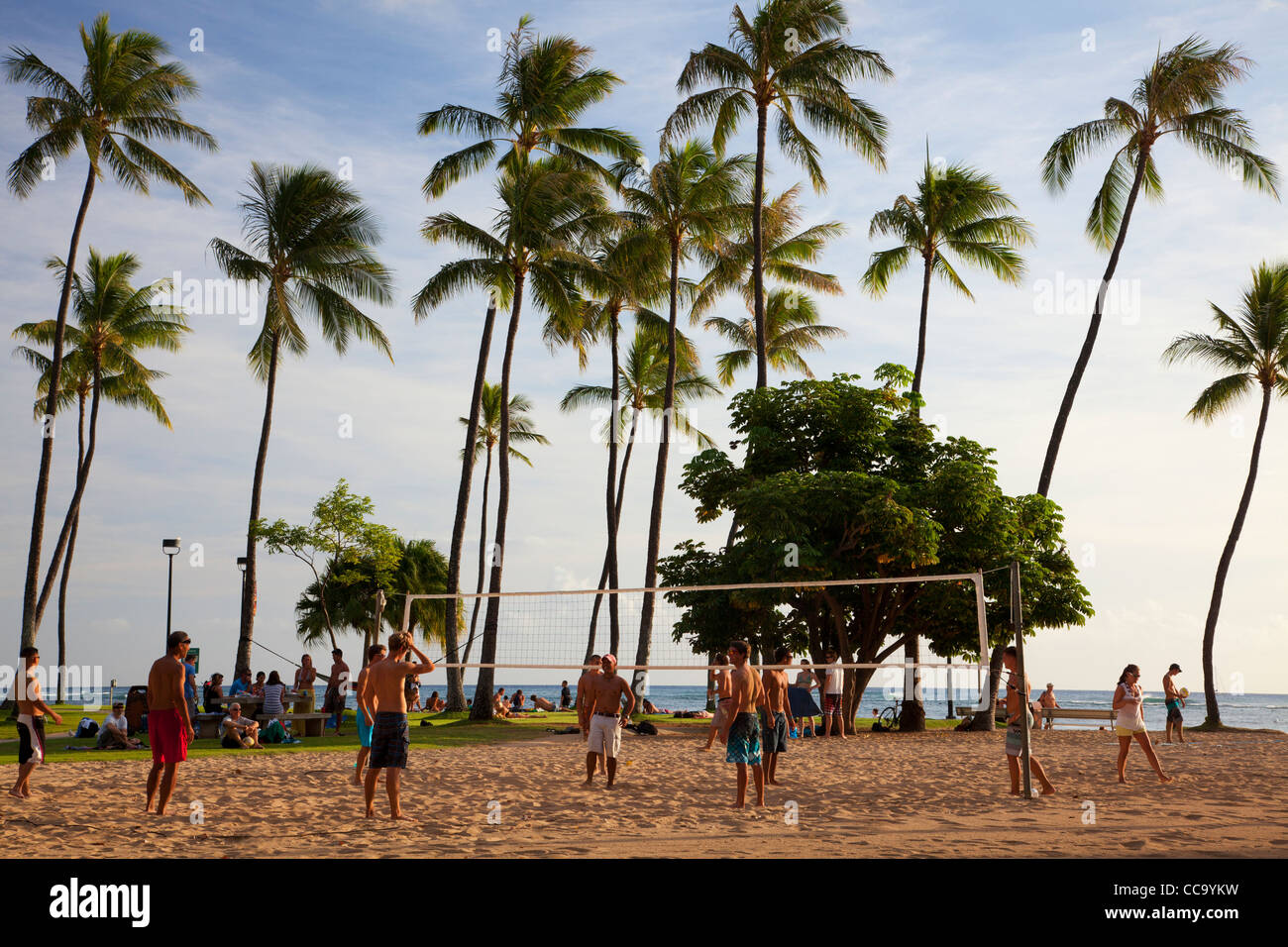 Playing volleyball at Fort DeRussy Park, Waikiki Beach, Honolulu