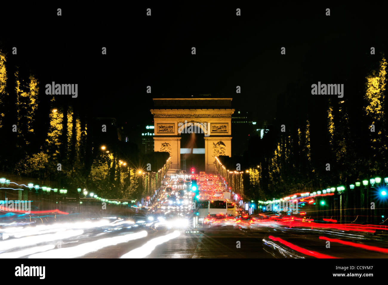 The Arc de Triomphe at night from the Champs Elysee, Paris, France Stock Photo