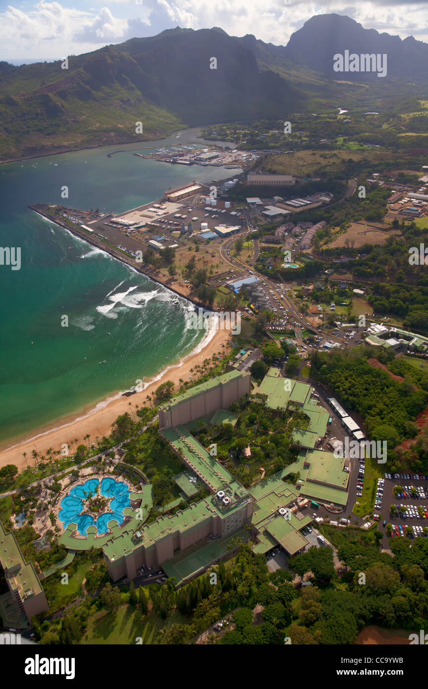 Aerial of Nawiliwili Harbor, Kalapaki Beach and the Kauai Marriott Resort, Lihu'e, Kauai, Hawaii. Stock Photo