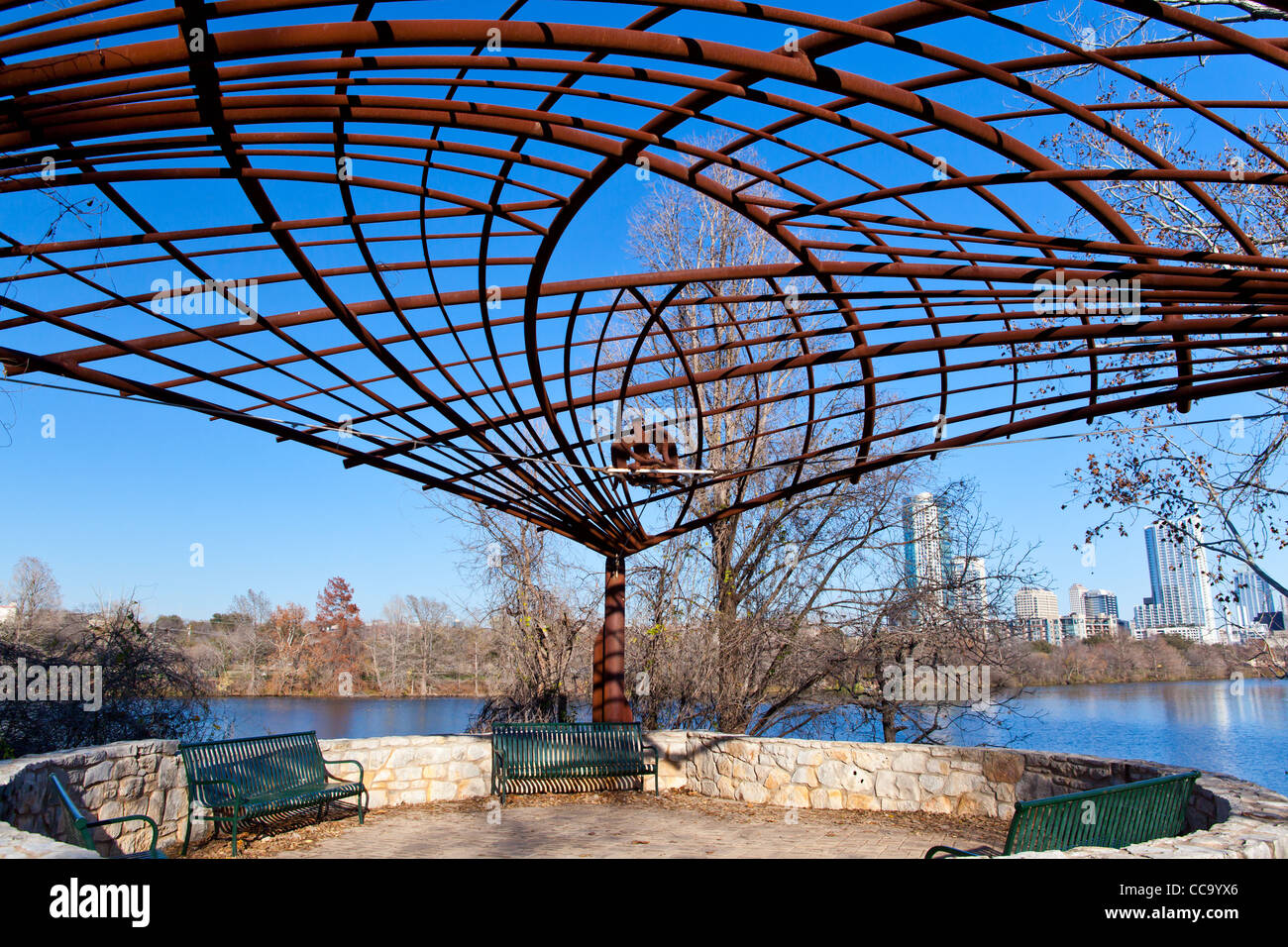 Zilker Park Seating Area with Eagle Sculpture Overlooking Town Lake