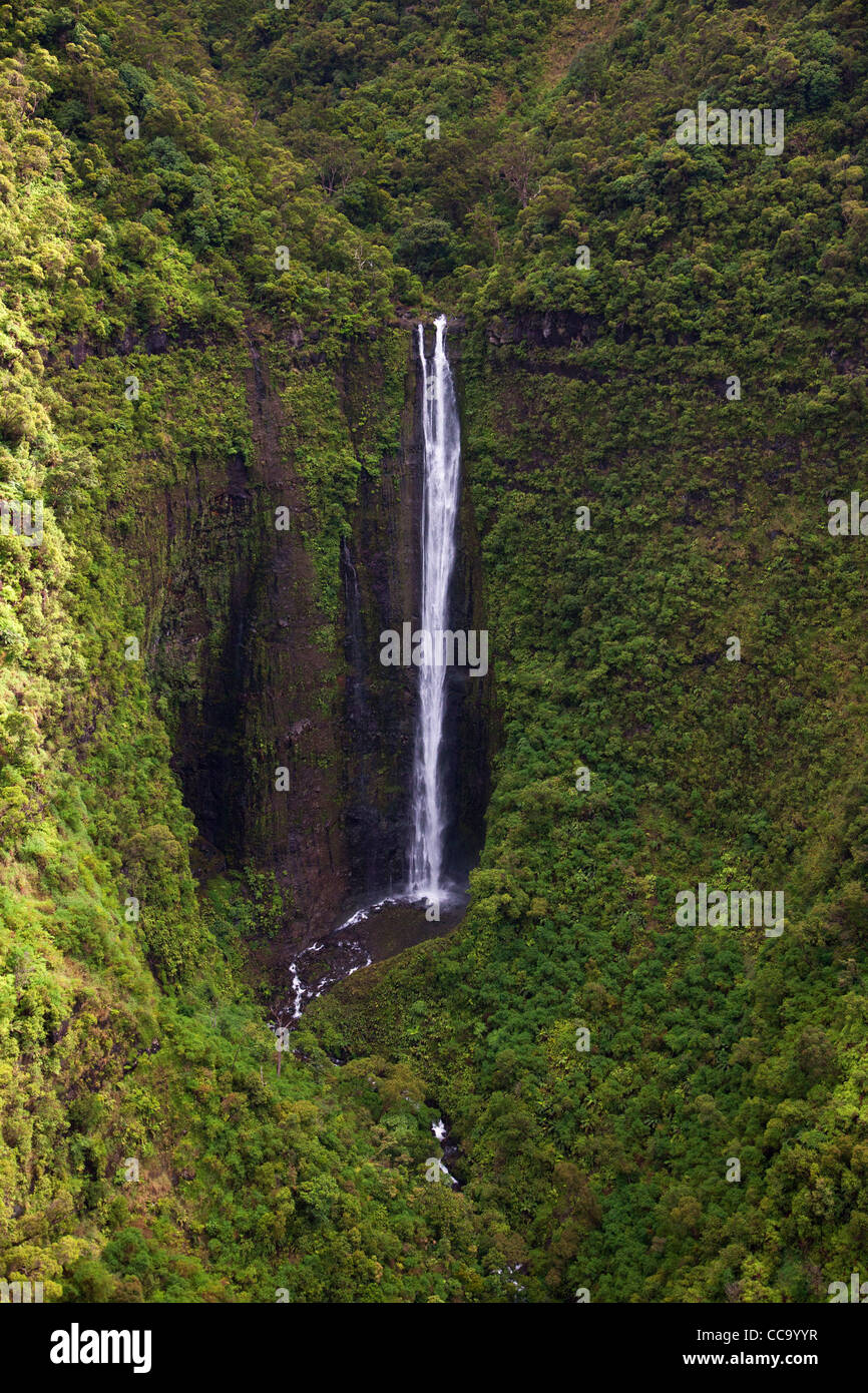 Aerial of a waterfall over Kauai, Hawaii. Stock Photo