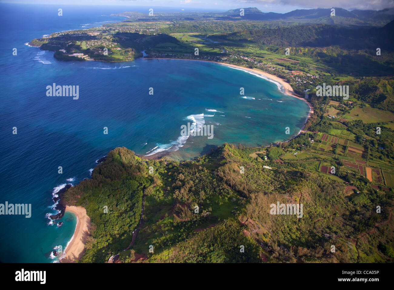 Aerial Hanalei Bay and the Princeville area, Hanalei, Kauai, Hawaii. Stock Photo