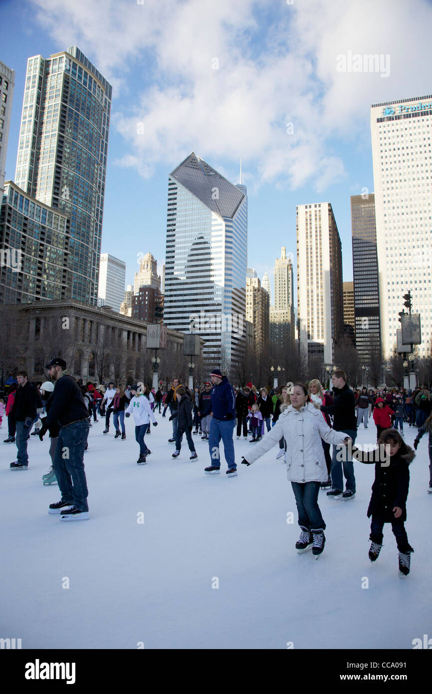 Millennium Park ice rink with skaters. Chicago, Illinois Stock Photo